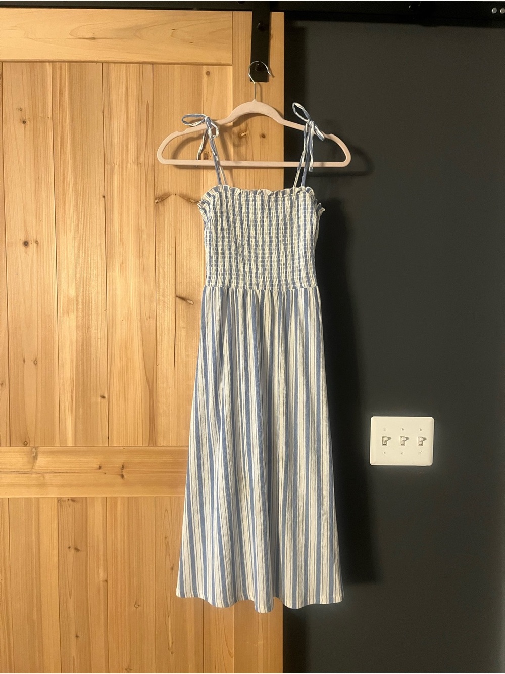 H&M Blue and White Striped Tie-Shoulder Smocked Kids Dress